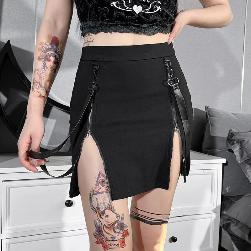 Gothic Zip Split Mini Grunge Strap Black High Waist Pencil E-girl Skirt
