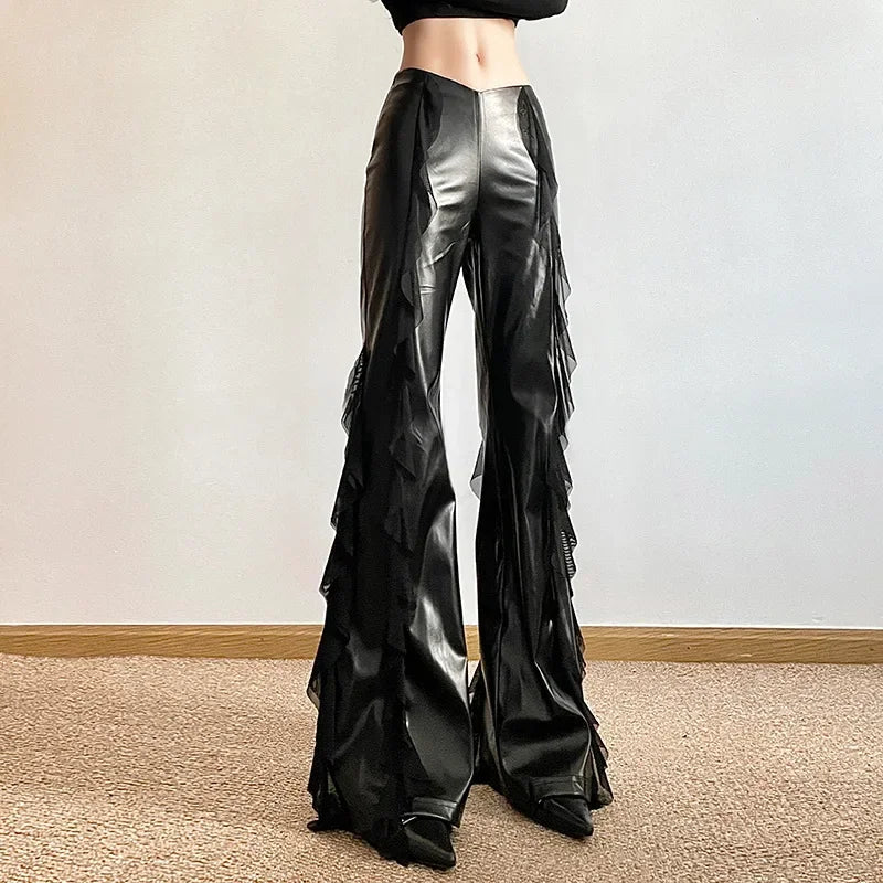Gothic Zip Flare Pants Faux Pu Mesh Pants