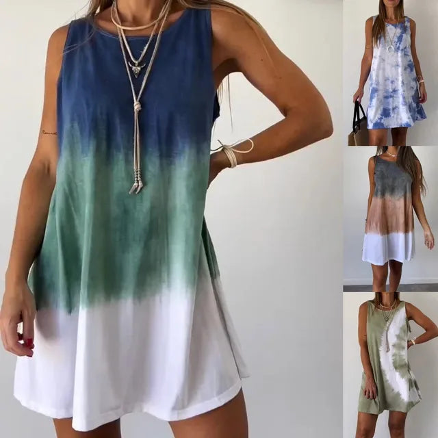 Gradient Tie Dye Print Mini Dresses Summer New Loose O Neck Sleeveless Dress Lady Vestidos