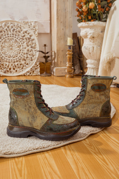 Soffia | Leather Canvas Lug Sole Combat Boot