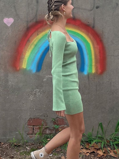 Doll | Low Neck Tie Open Back Knit Dress - Mint
