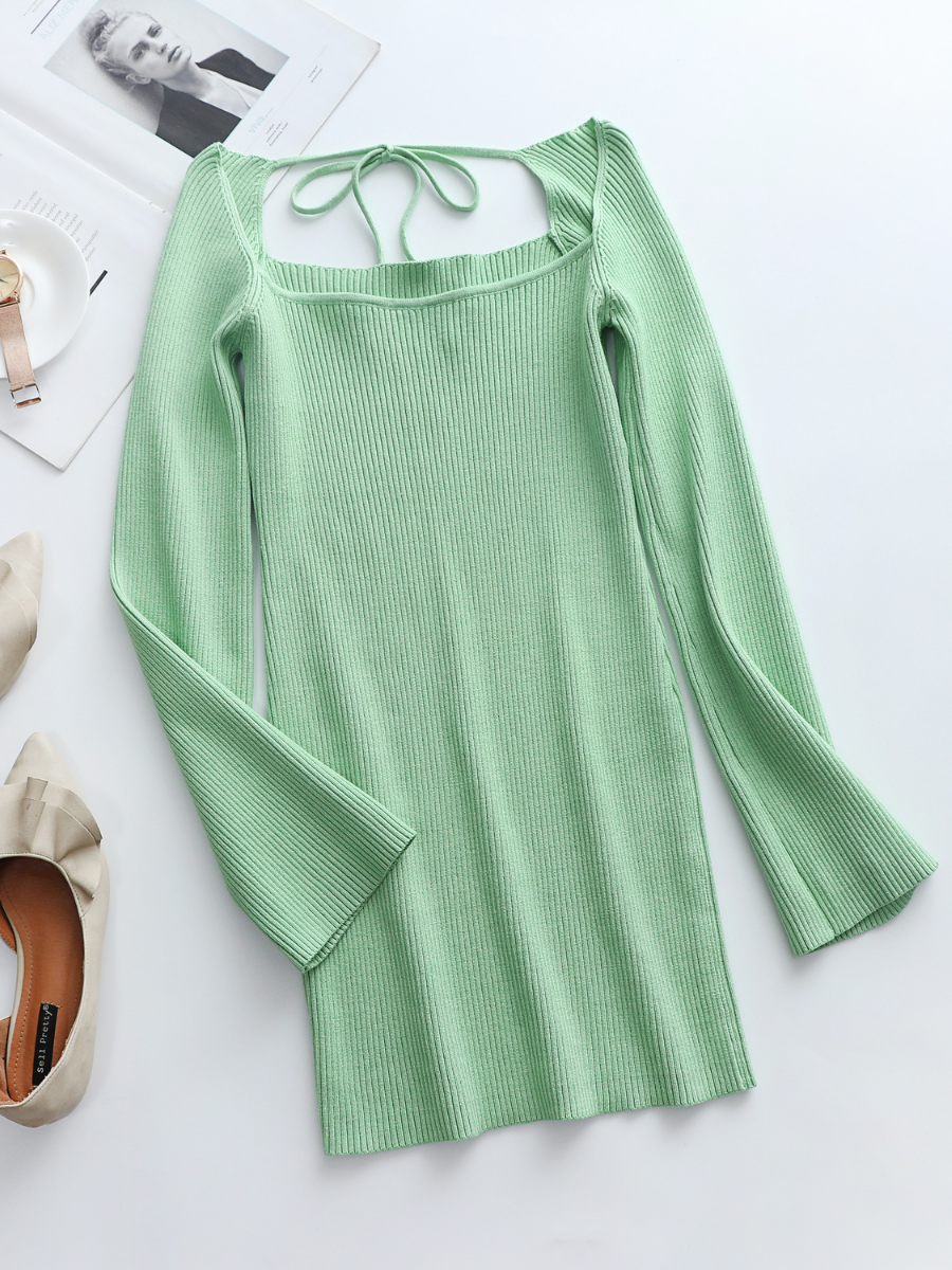 Doll | Low Neck Tie Open Back Knit Dress - Mint