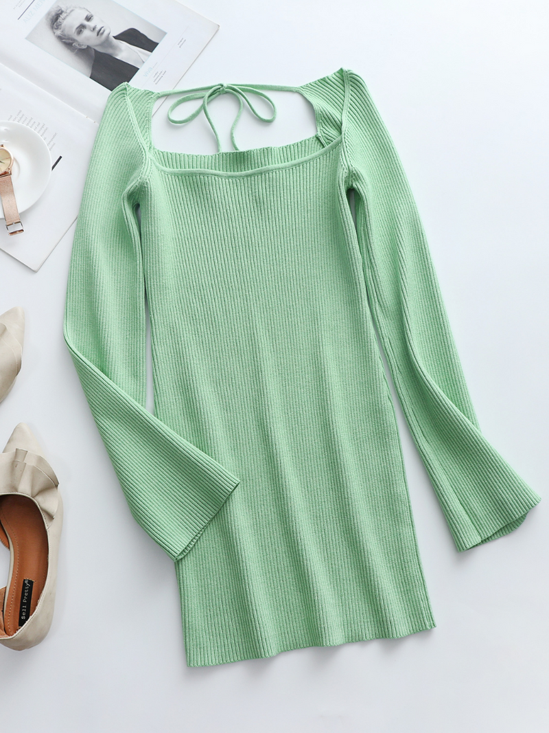 Doll | Low Neck Tie Open Back Knit Dress - Mint