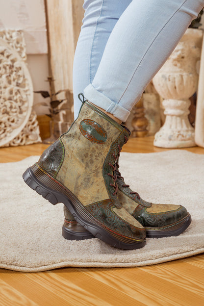 Soffia | Leather Canvas Lug Sole Combat Boot
