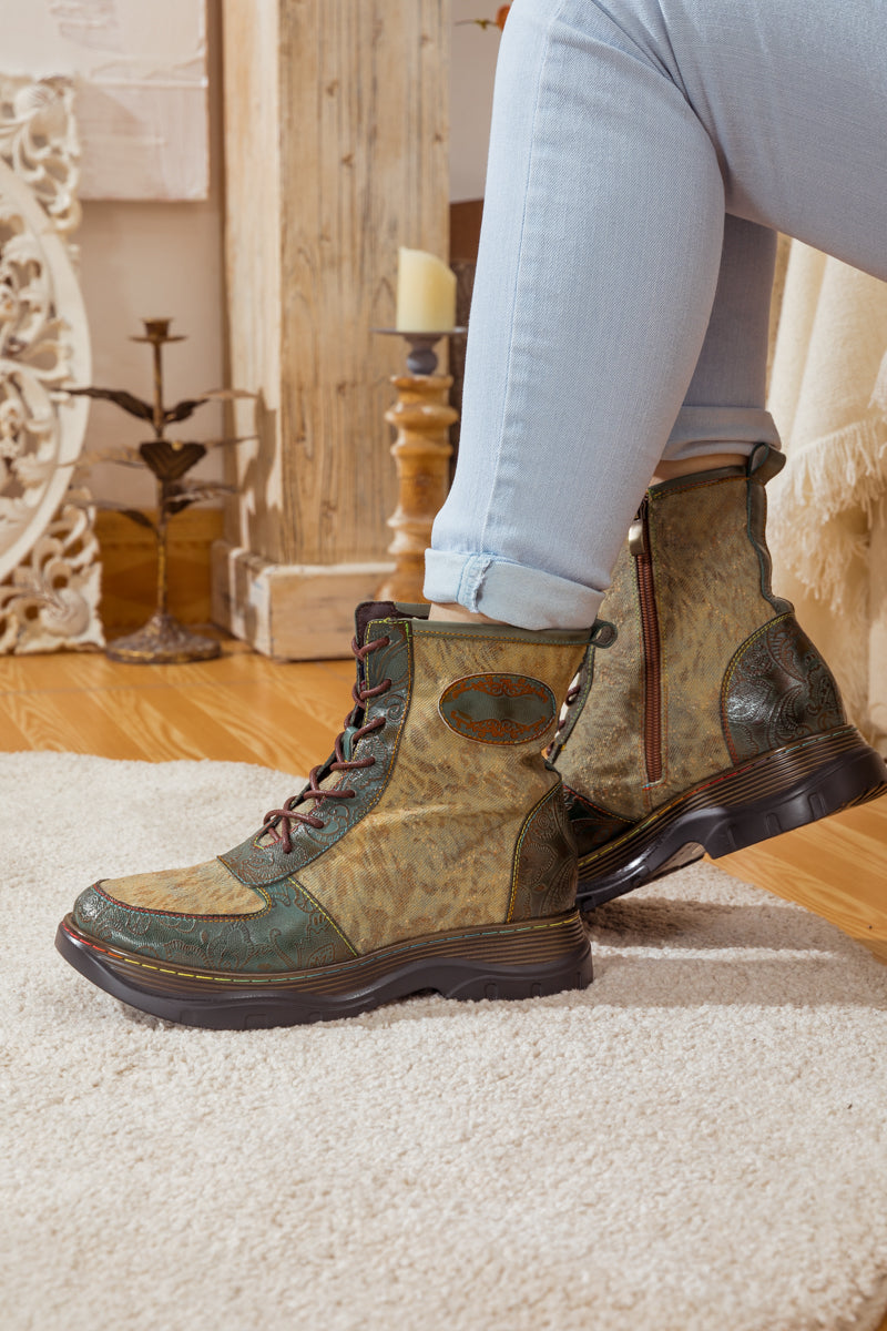 Soffia | Leather Canvas Lug Sole Combat Boot