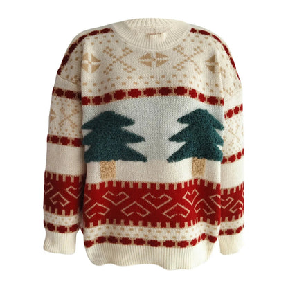 Green Christmas Sweater With Tree Embroidery - Loose Retro Style