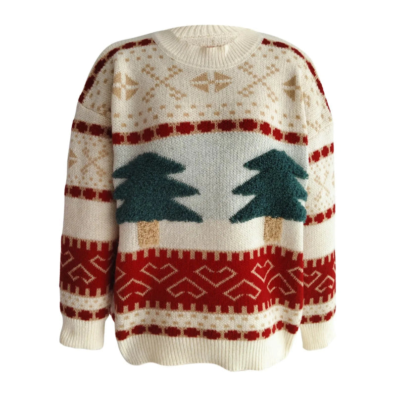 Green Christmas Sweater With Tree Embroidery - Loose Retro Style