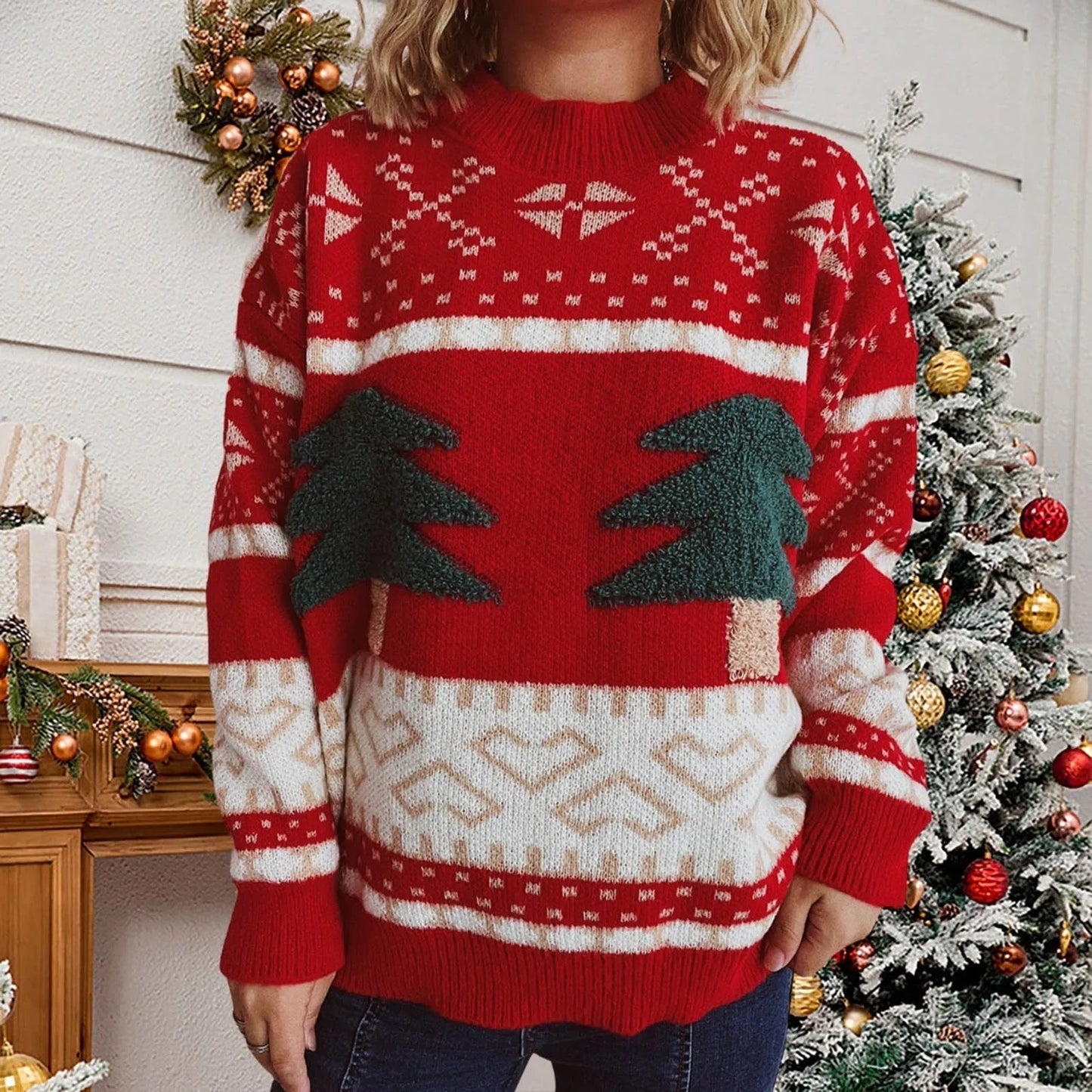 Green Christmas Sweater With Tree Embroidery - Loose Retro Style