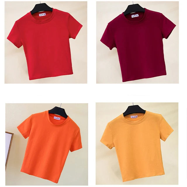 Green Crop Top T-shirt Female Cotton O-neck Short Sleeve T-shirts for High Waist Slim Short Sport Femme T-shirt