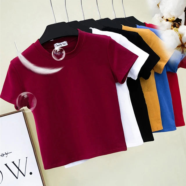 Green Crop Top T-shirt Female Cotton O-neck Short Sleeve T-shirts for High Waist Slim Short Sport Femme T-shirt
