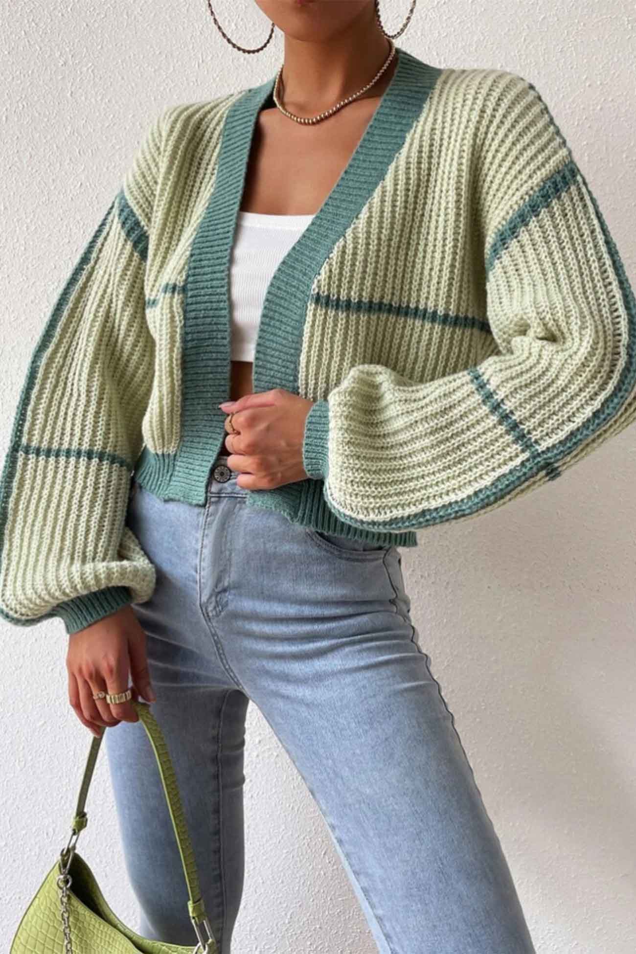 Long Sleeve Open-front Patchwork Knit Cardigan