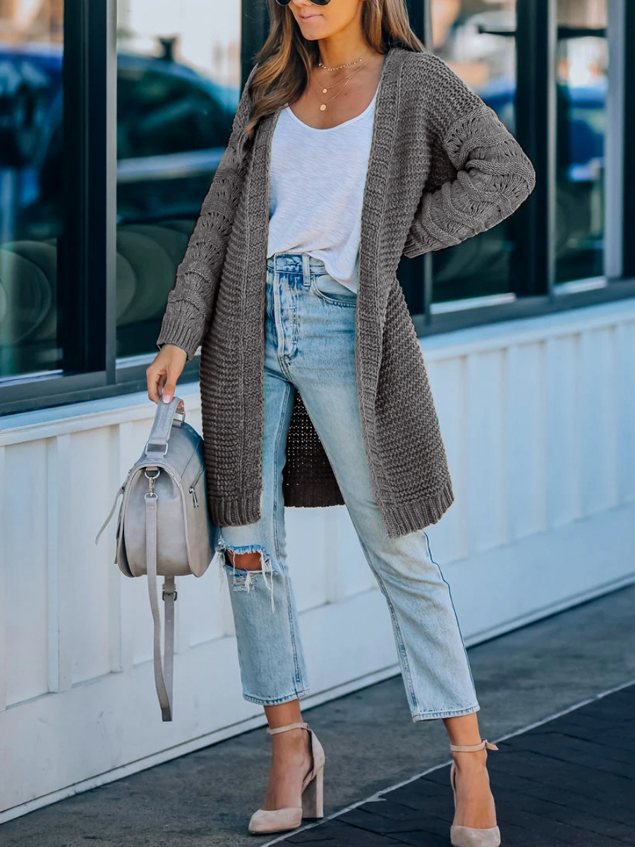 Doll | Grey Braid Open Knit Long Cardigan