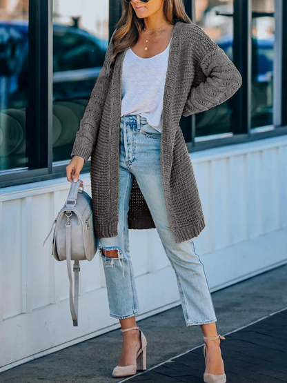 Doll | Grey Braid Open Knit Long Cardigan