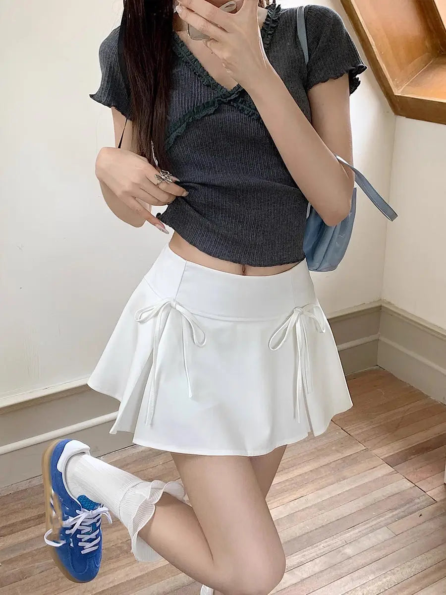 Grey Bow Pleated Skirt