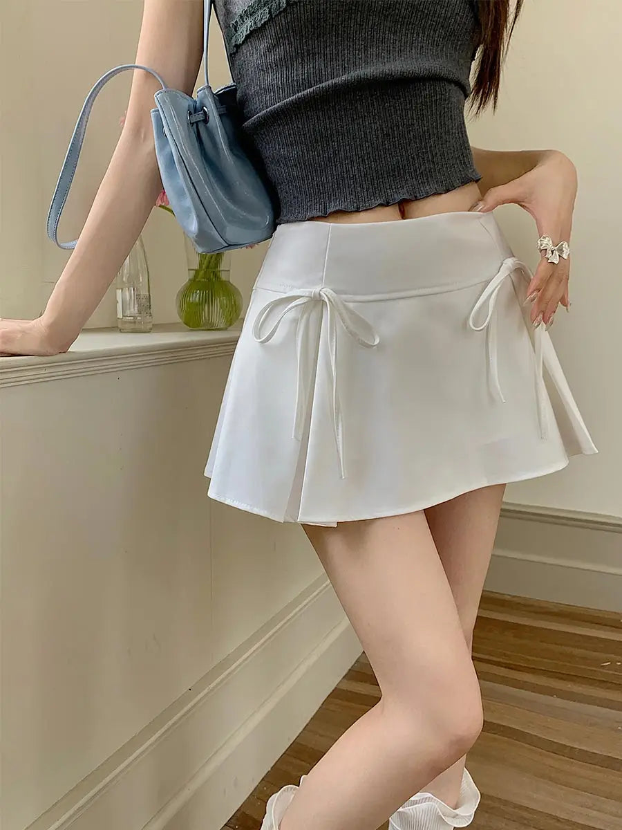 Grey Bow Pleated Skirt