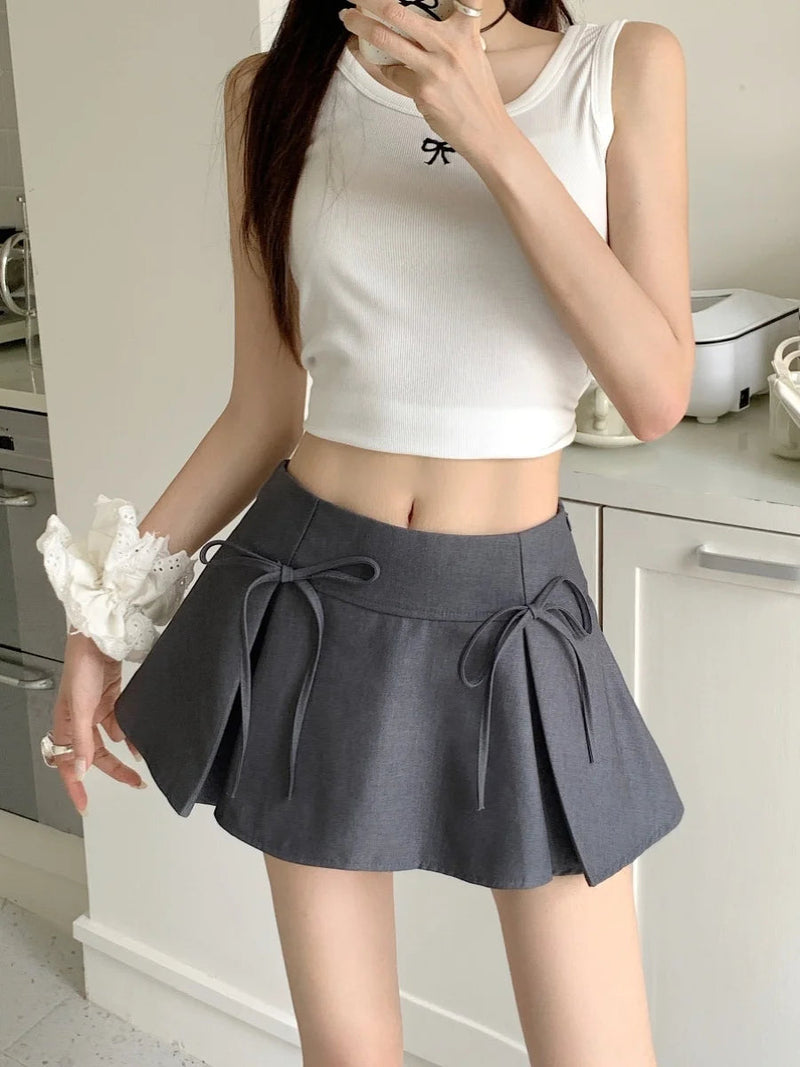 Grey Bow Pleated Skirt