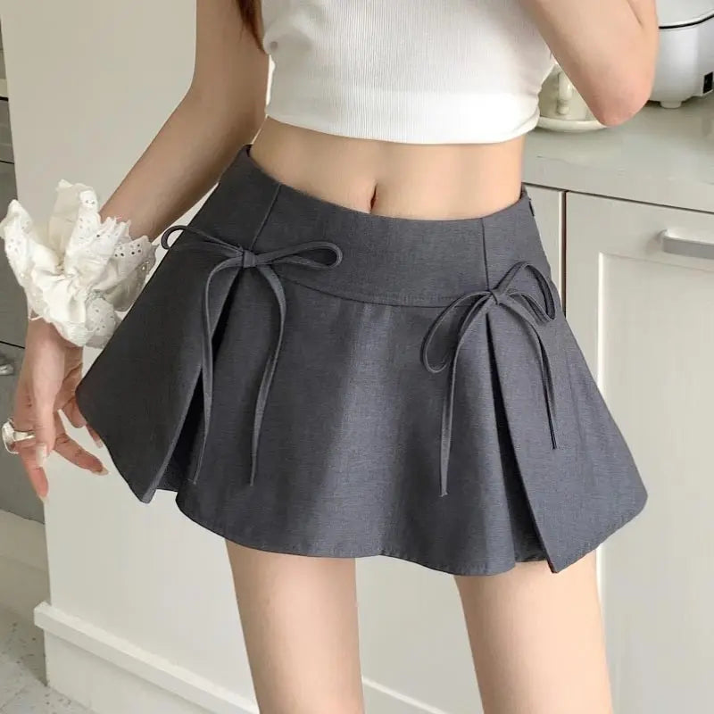 Grey Bow Pleated Skirt