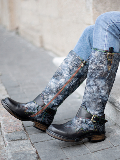 Soffia | Genuine Leather Grey Wrinkled Iliyah Accent Leather Knee High Riding Flat Boots