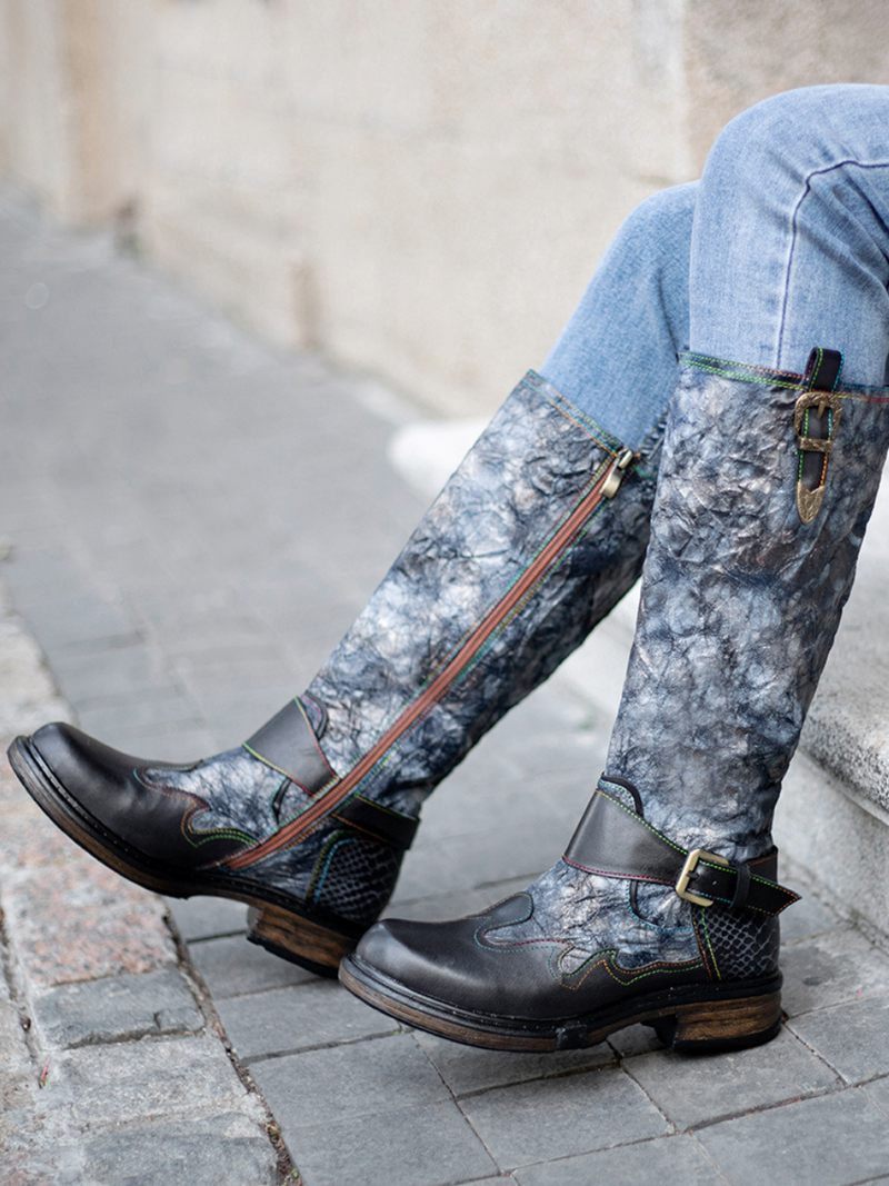 Soffia | Genuine Leather Grey Wrinkled Iliyah Accent Leather Knee High Riding Flat Boots