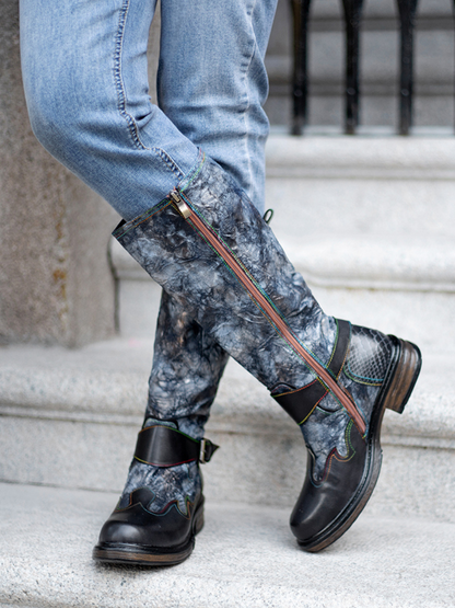 Soffia | Genuine Leather Grey Wrinkled Iliyah Accent Leather Knee High Riding Flat Boots