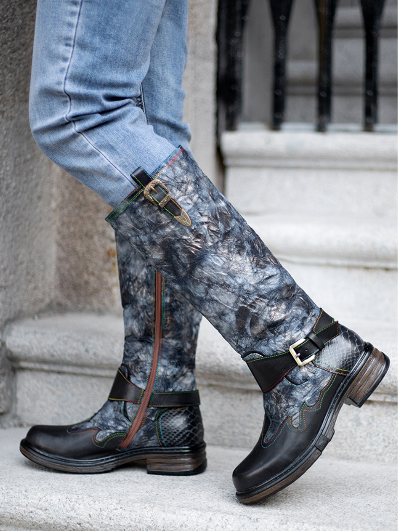 Soffia | Genuine Leather Grey Wrinkled Iliyah Accent Leather Knee High Riding Flat Boots
