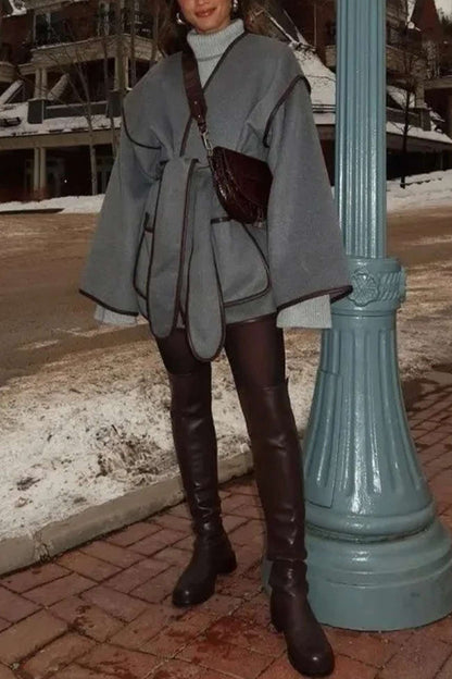 Grey Pocket Belt Blanket Coat