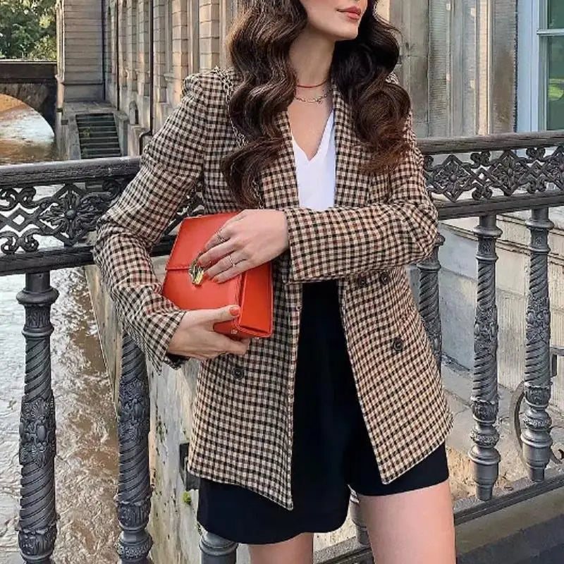 Fall Blazer Jacket Tops Office Wear Korean Plaid Blazer Orange Long Blazer Coat