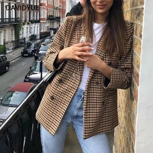 Fall Blazer Jacket Tops Office Wear Korean Plaid Blazer Orange Long Blazer Coat