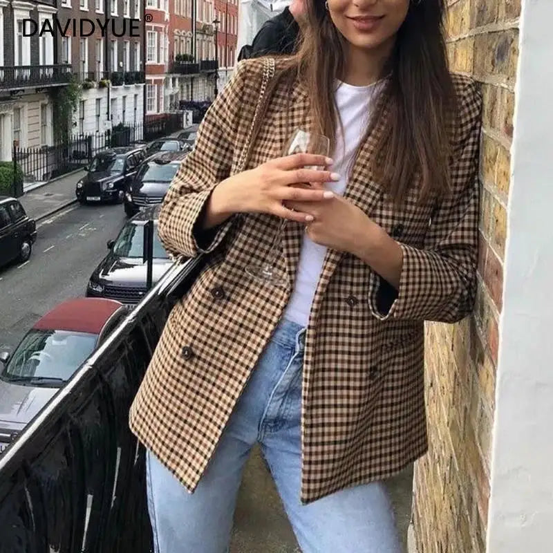 Fall Blazer Jacket Tops Office Wear Korean Plaid Blazer Orange Long Blazer Coat