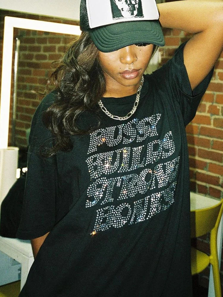 Rhinestone Goth Letter Black T-shirt