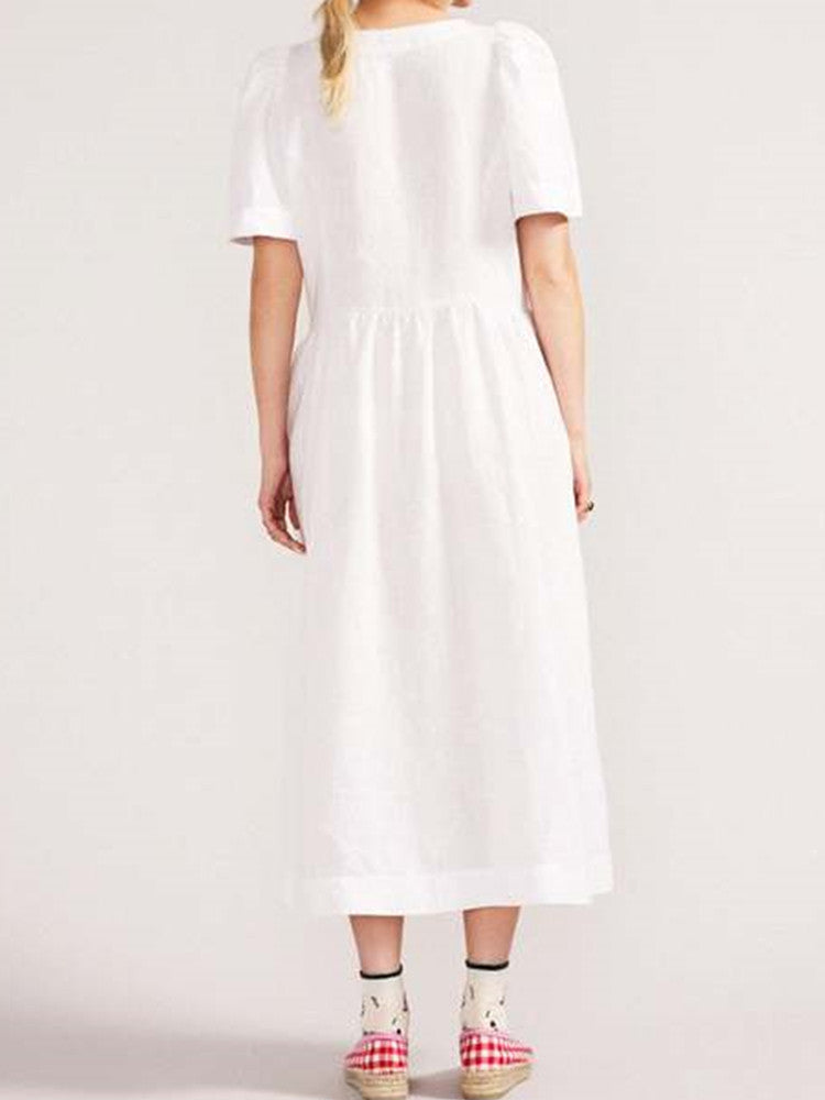 V Neck Linen Button-down Midi Dress With Pocket in White