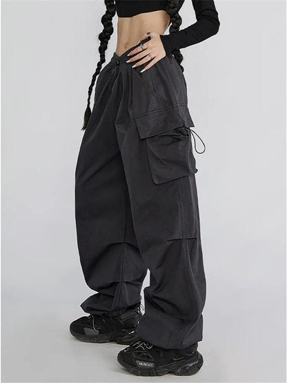 Cyber Y2k Red Parachute Hip Hop Cargo Oversized Punk Wide Leg Pant