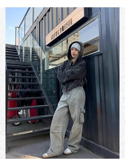 Grunge Gray Cargo Y2k Oversize Baggy Denim Wide Leg Harajuku Pant