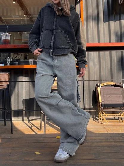 Grunge Gray Cargo Y2k Oversize Baggy Denim Wide Leg Harajuku Pant