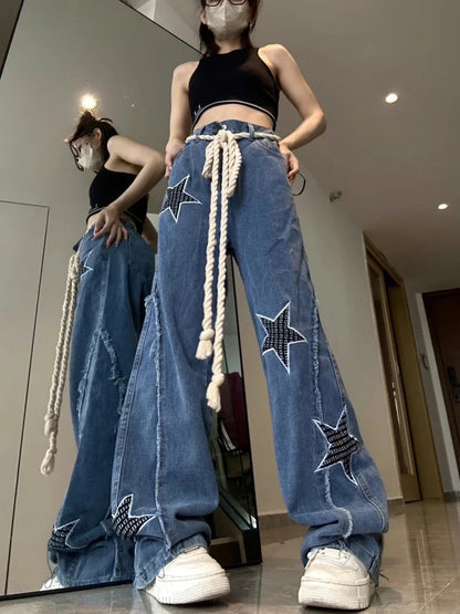 Grunge Hippie Star Baggy Distressed Patchwork Wide Leg Pants