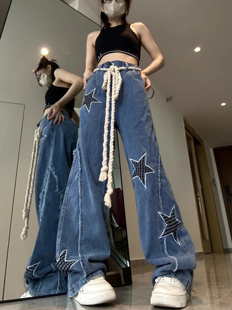 Grunge Hippie Star Baggy Distressed Patchwork Wide Leg Pants