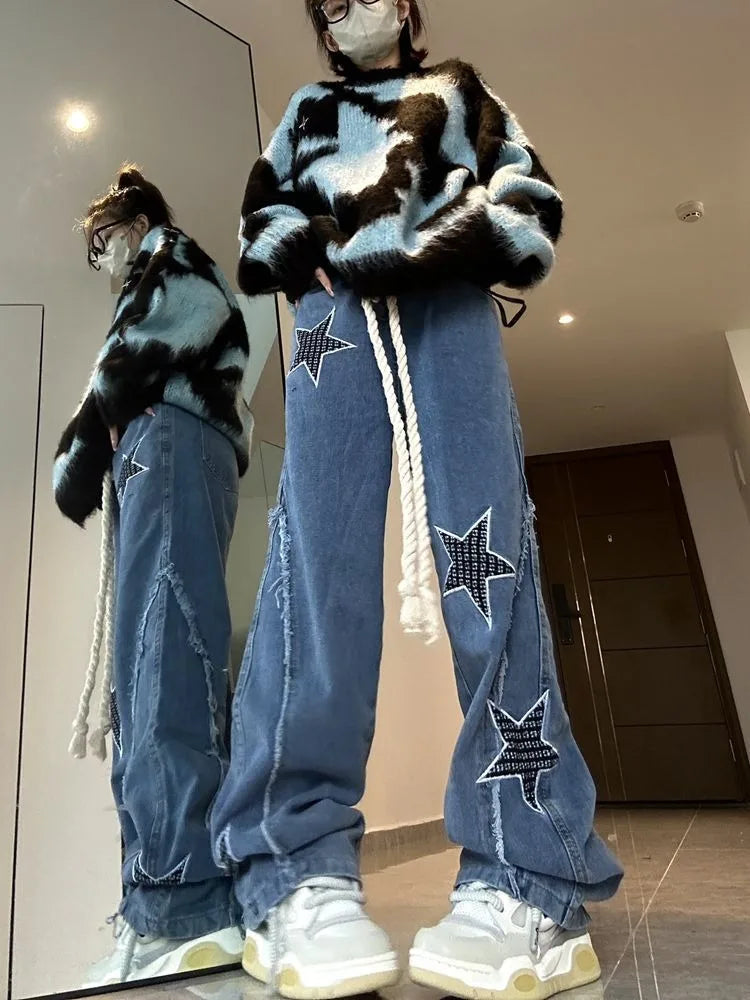 Grunge Hippie Star Baggy Distressed Patchwork Wide Leg Pants