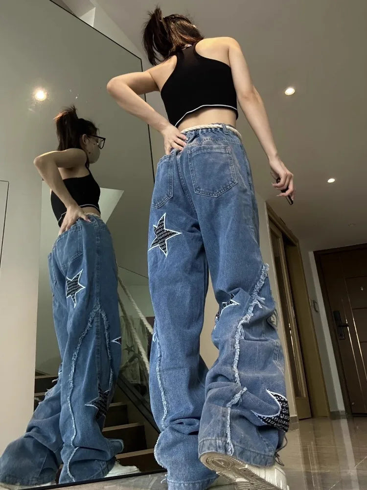 Grunge Hippie Star Baggy Distressed Patchwork Wide Leg Pants