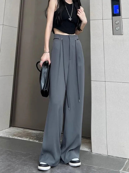 Harajuku Office Lady Basic Grey Wide Leg High Waist Pant