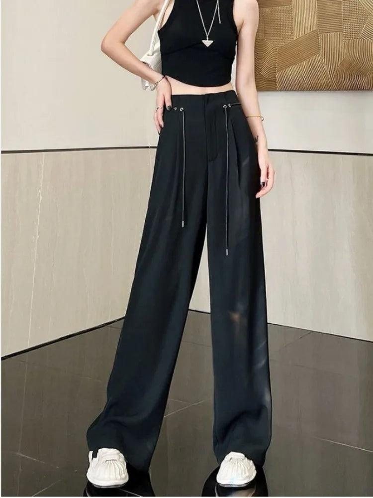 Harajuku Office Lady Basic Grey Wide Leg High Waist Pant