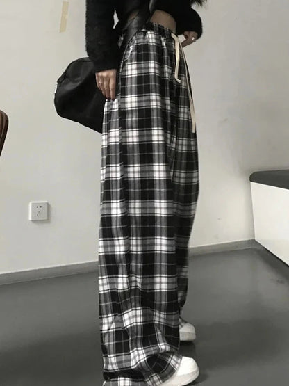 Oversize Plaid Korean Checked for Female Wide Leg Pant
