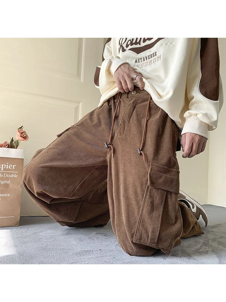 Harajuku Brown Corduroy Cargo Japanese Style Hip Hop Oversized Baggy Pant