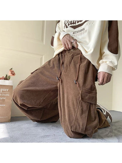 Harajuku Brown Corduroy Cargo Japanese Style Hip Hop Oversized Baggy Pant