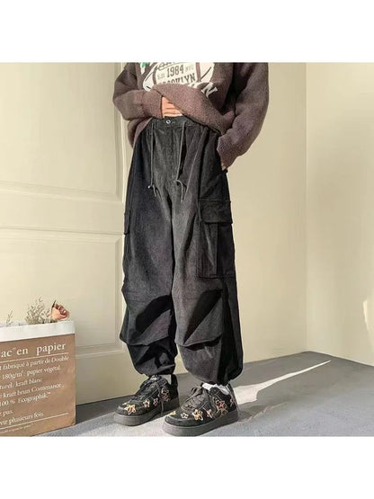 Harajuku Brown Corduroy Cargo Japanese Style Hip Hop Oversized Baggy Pant