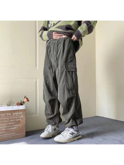 Harajuku Brown Corduroy Cargo Japanese Style Hip Hop Oversized Baggy Pant