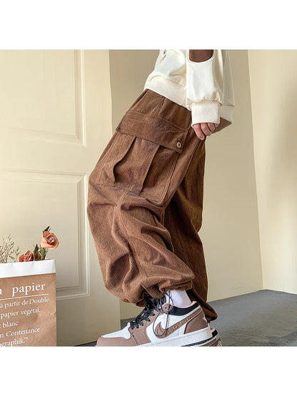 Harajuku Brown Corduroy Cargo Japanese Style Hip Hop Oversized Baggy Pant
