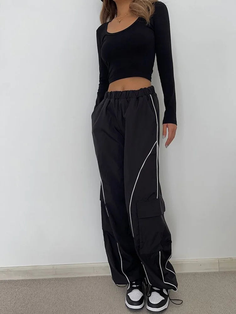 Hip Hop Reflective Cargo Cyber Punk Y2k Oversize Striped Sweatpants Pant