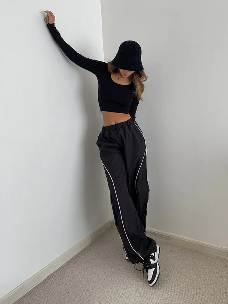 Hip Hop Reflective Cargo Cyber Punk Y2k Oversize Striped Sweatpants Pant