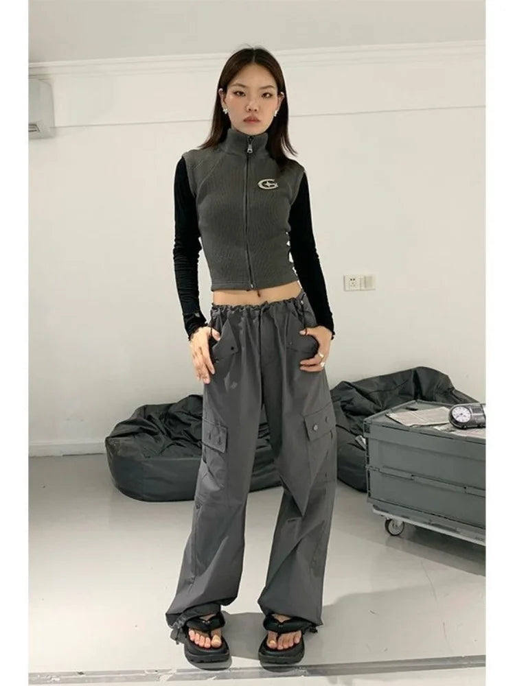 Hippie Gray Cargo Y2k Baggy Techwear Wide Leg Sweatpant