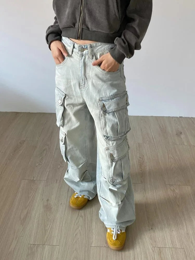 Japanese Y2k Grunge Blue Cargo 90s Multy Pockets Distressed Pant